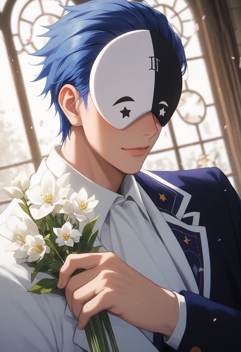 score_9, score_8_up, score_7_up, source_anime, rating_safe, holding white flower, VanirKONOSUBA, black-white_Vanir_eye mask, (blue_Vanir_hair), white-black_Vanir_star (symbol), (blue_Vanir_hair), 1boy, male focus, white suit, white pants, blushing, looking at another, hands with five fingers, blurry indoor chapel, petals, wedding, solo focus, lens flare, dutch angle, cute wallpaper, happy-cheery, realistic shading,