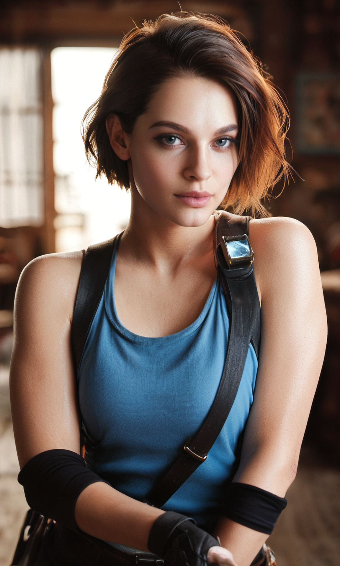score_9, score_8_up, score_7_up, BREAK, zy_jillvalentine, 1girl, short hair, brown hair, jewelry, black gloves, blue tanktop, handgun, fingerless gloves, portrait, realistic, photo, real hair, detailed skin, ghost town, highly detailed, detailed skin, depth of field, film grain, <lora:zy_Jill_Valentine_PonyRealism_v1:0.7>