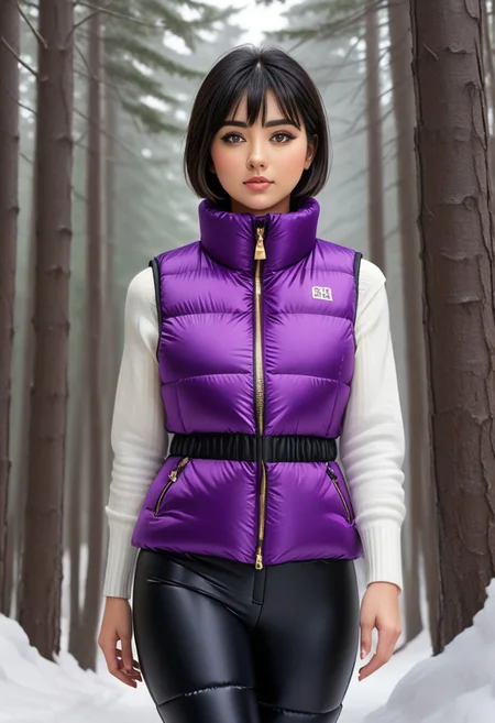 ((((puffer padded vest)))), ((((puffer padded vest)))), ((((full body)))), ((((fur boots)))), ((((puffer pants)))), winter, snow, forest, 1girl, solo, (masterpiece), detailed face, detailed eyes, (beautiful detailed eyes:1.5), sidelighting, (super detail, hyper detail, intricate_details, detailed), (semi realistic:1.6), (Bob cut), blunt bangs,(black hair), (purple eyes, eyelashs), smug smile, angry face, golden armlets, padded collar, Thick padded collar, <lora:Collar-SDXL:0.6>, <lora:cropped_puffer_vest_v2:0.4>, <lora:snowpants_v1:0.4>
