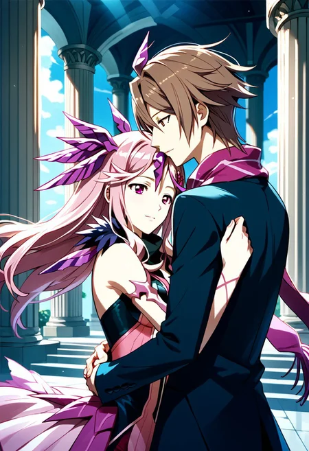 score_9,score_8_up,score_7_up,source_anime, Mana Ouma (Apocalypse),1girl,long hair,short hair,brown hair,hair ornament,1boy,red eyes,brown eyes,pink hair,hetero,scarf,hug,couple,pillar,