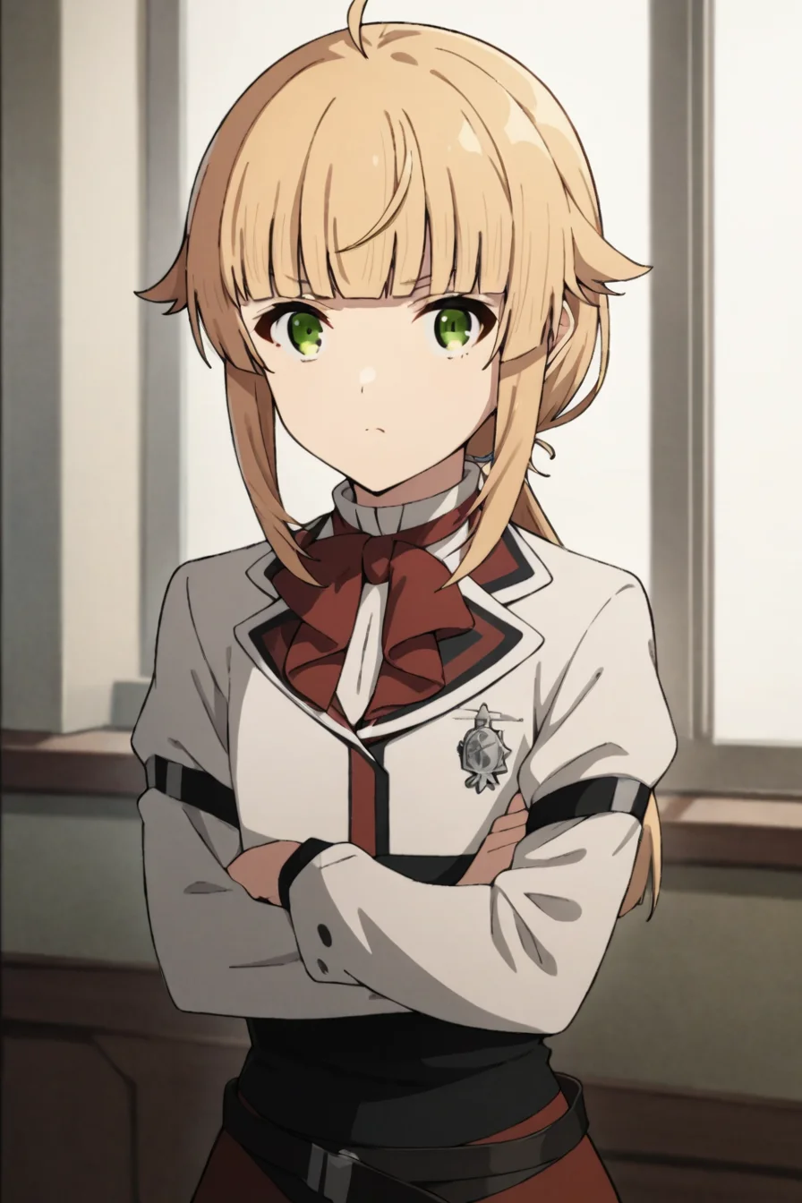 score_9, score_8_up, score_7_up, source_anime,
1girl, looking at viewer, light frown, crossed arms,
indoors,
<lora:norn_greyrat_anime_s2_v2-soralz:1>, norn_greyrat, bangs, blonde hair, long hair, yellow green eyes, ahoge, sidelocks, blunt bangs, hair flaps, low ponytail,
school uniform, long sleeves, white shirt, red bowtie, black skirt, red skirt, belt,