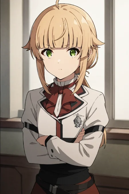 score_9, score_8_up, score_7_up, source_anime,
1girl, looking at viewer, light frown, crossed arms,
indoors,
<lora:norn_greyrat_anime_s2_v2-soralz:1>, norn_greyrat, bangs, blonde hair, long hair, yellow green eyes, ahoge, sidelocks, blunt bangs, hair flaps, low ponytail,
school uniform, long sleeves, white shirt, red bowtie, black skirt, red skirt, belt,