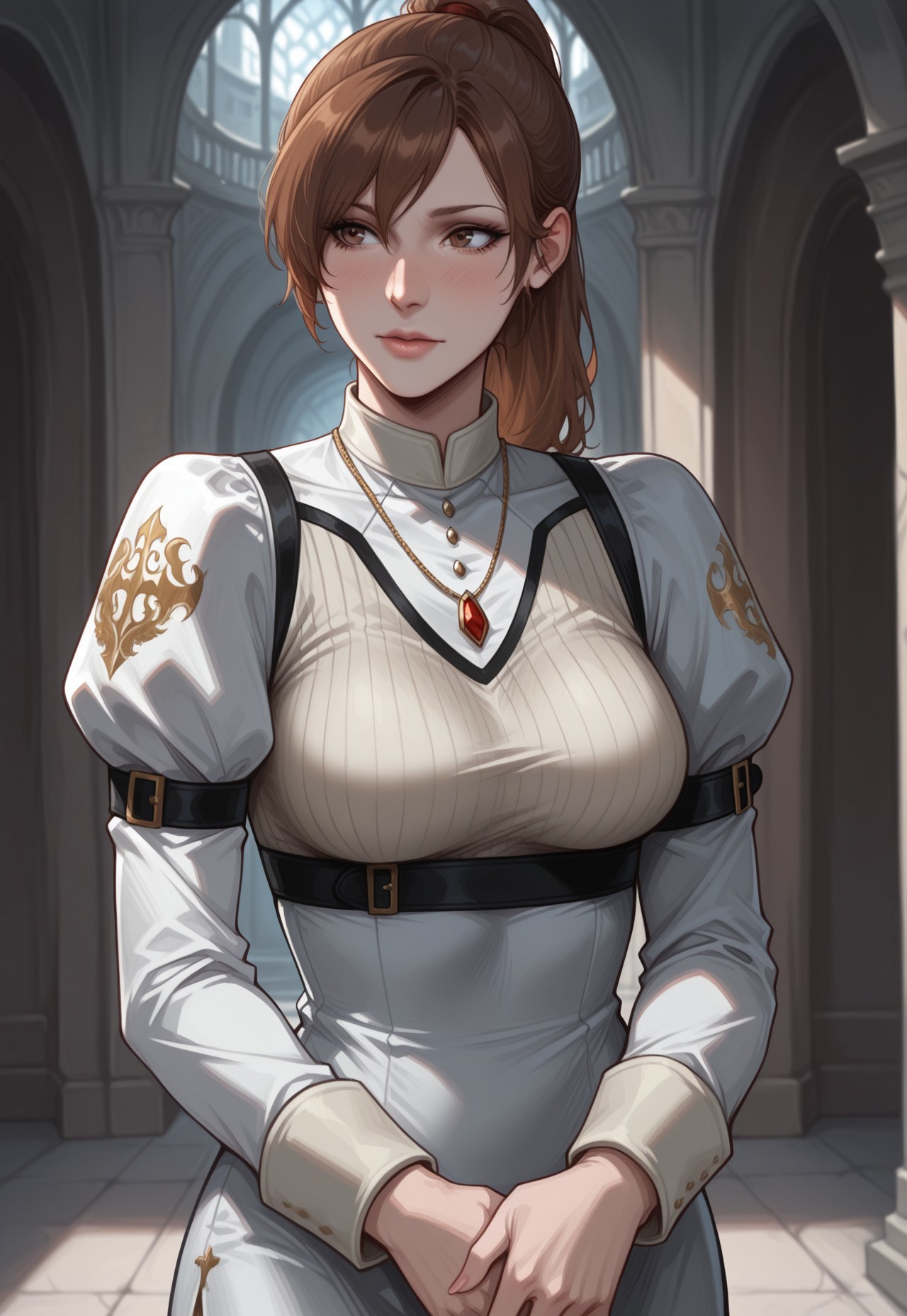 masterpiece, best quality, detailed, realistic, cowboy shot, 1girl, solo, kyriedmc, brown hair, long hair, brown eyes, ponytail, dress, juliet sleeves, necklace,