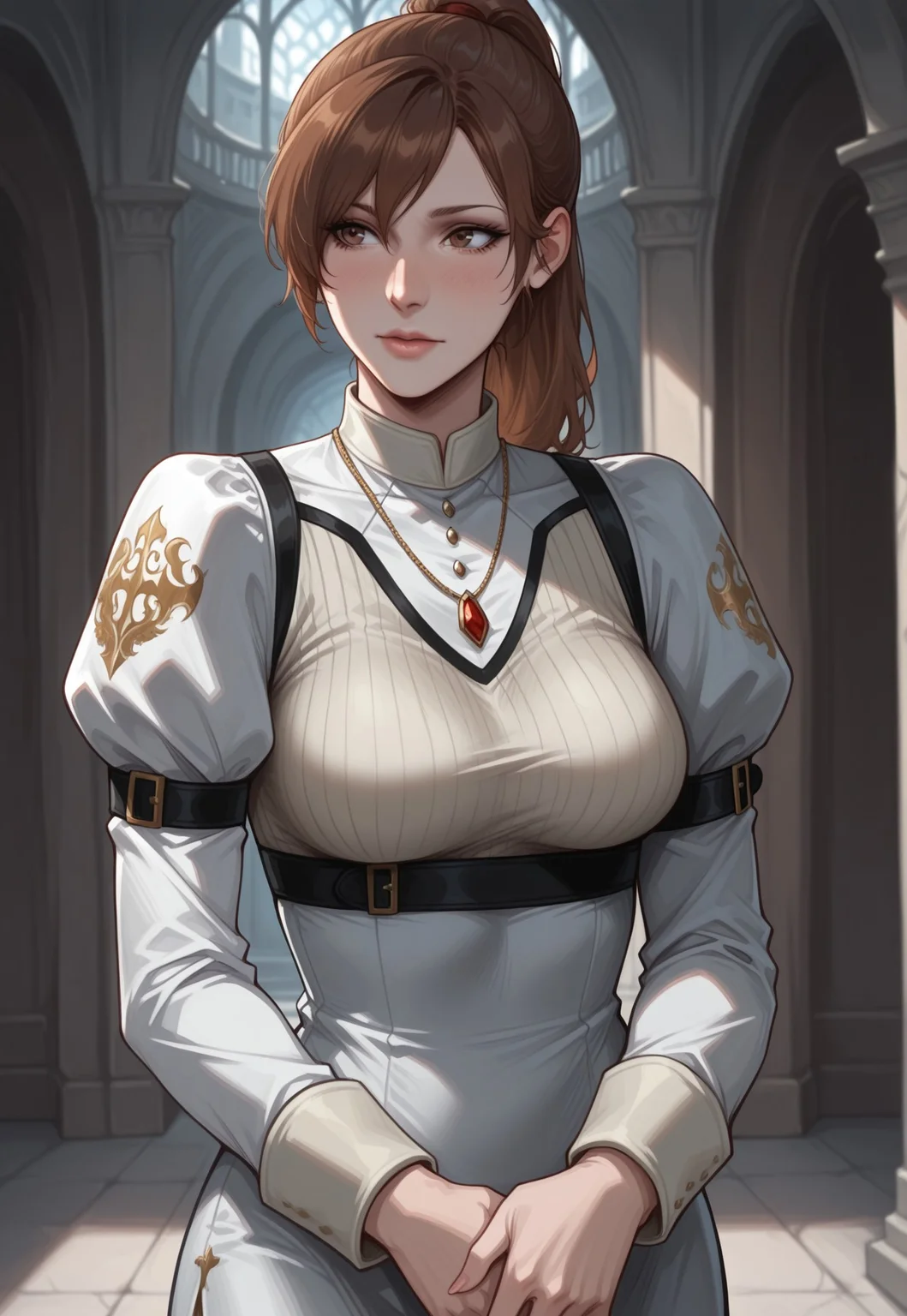 masterpiece, best quality, detailed, realistic, cowboy shot, 1girl, solo, kyriedmc, brown hair, long hair, brown eyes, ponytail, dress, juliet sleeves, necklace,