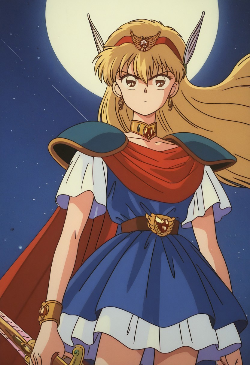 masterpiece, best quality, source_anime,official art,perfect_anatomy,1990s_\(style\),retro_artstyle,magical princess,1girl,brown eyes,blonde hair,long hair,jewelry,earrings,choker,armor,shoulder armor,hairband,hair ornament,cape,skirt,(beautiful detailed face,serious,determined, staring_at_viewer,holding_weapon:1.1),sword(weapon),cowboy shot,close to viewer,night_sky,full-moon