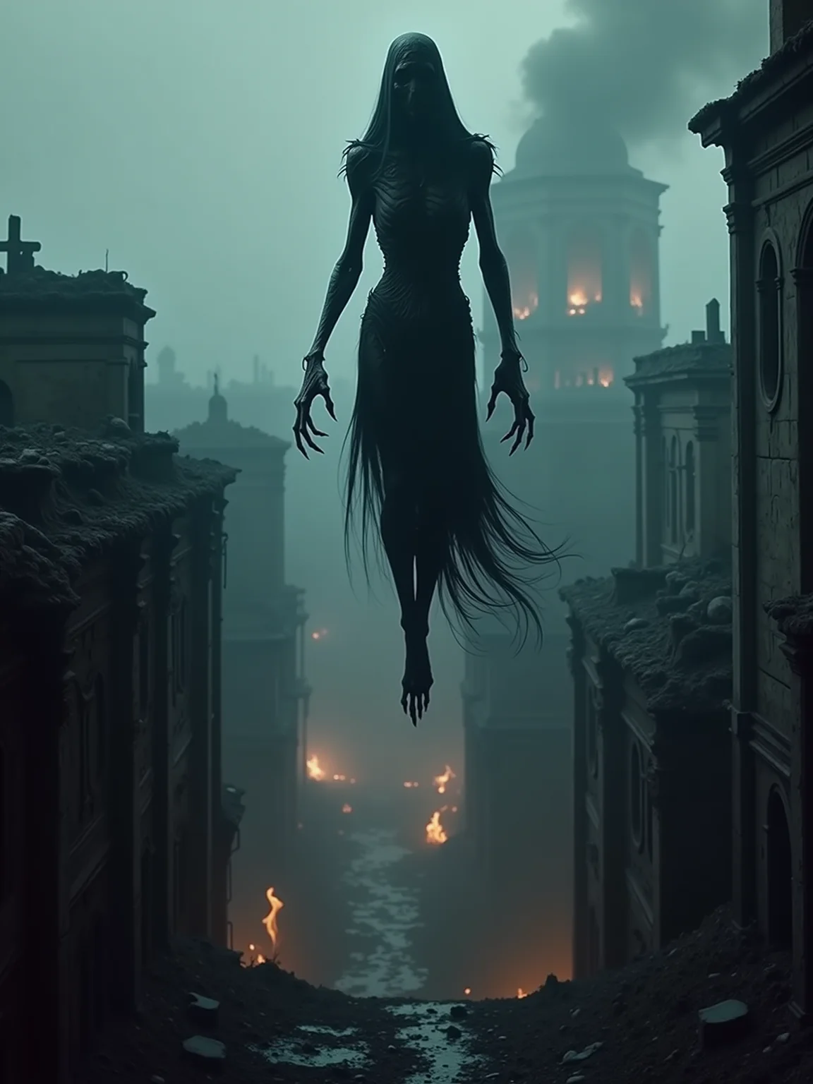 A demonic creature assassin, cloaked in shadow, silently stalks its prey through the ruins of a once-great city, its movements unnaturally fluid, as it leaps from rooftop to rooftop, the crumbling buildings lit by distant fires, the sound of its prey's heartbeat echoing in the night. <lora:shedim-evil-spirits:0.8> (photograph:1.4)