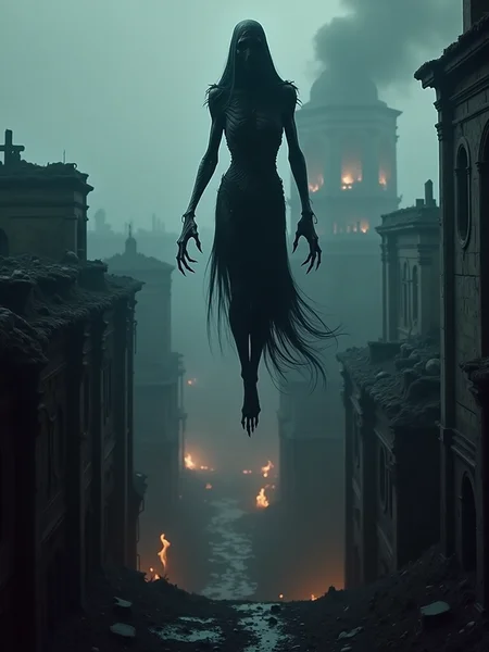 A demonic creature assassin, cloaked in shadow, silently stalks its prey through the ruins of a once-great city, its movements unnaturally fluid, as it leaps from rooftop to rooftop, the crumbling buildings lit by distant fires, the sound of its prey's heartbeat echoing in the night. <lora:shedim-evil-spirits:0.8> (photograph:1.4)