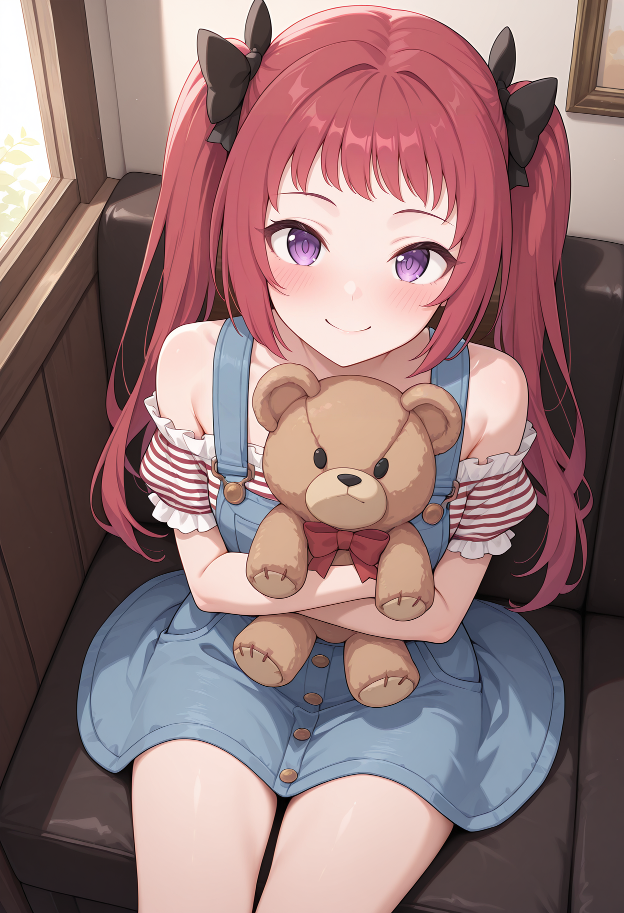 highres, best quality, masterpiece, indoors,
1girl, solo, rlpayane, twintails, red hair, long hair, purple eyes, hair bow, black bow,
blue overalls, overall skirt, sleeveless dress, bare shoulders, off-shoulder shirt, frilled shirt, red stripes, striped shirt, buttons, short sleeves, thighs,
blush, smile, looking at viewer, 
sitting, holding teddy bear, from above,
<lora:_ayane_pcr-elesico-ilxlA-000014:1>