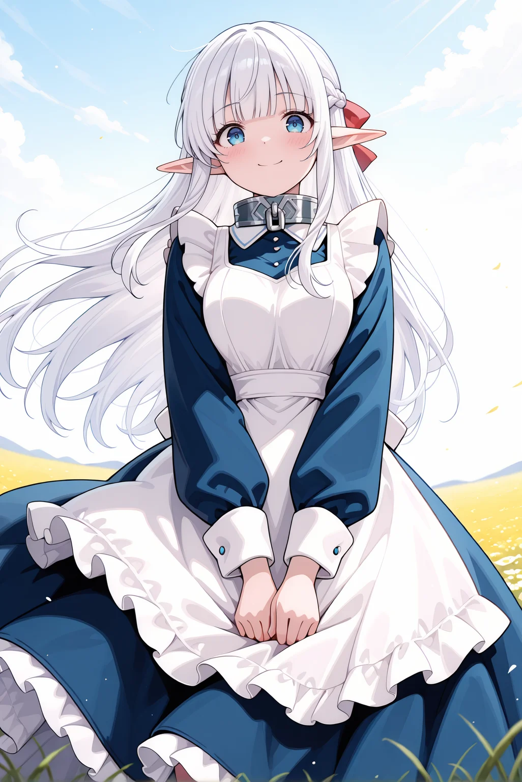 masterpiece, best quality, very aesthetic, absurdres, ultra-detailed, highly detailed, cowboy shot, shiny skin, wind lift, from below, blush, (long dress:1.2),  frilled dress, dress tug, 
meadow, wind, outdoors, smile, looking at viewer, standing,
<lora:Nephelia-08:1> nephelia, 1girl, long hair, white hair, braid, pointy ears, french braid, elf, blue eyes, ribbon, apron, sidelocks, dress, bow, hair ribbon, maid, hair bow, frills, blunt bangs, blue dress, white apron, collar, red bow, metal collar,
<lora:illustrious_noobai_epsilon_pred_11_very_aesthetic_v1_1029791:1>
(lazypos:0.7)