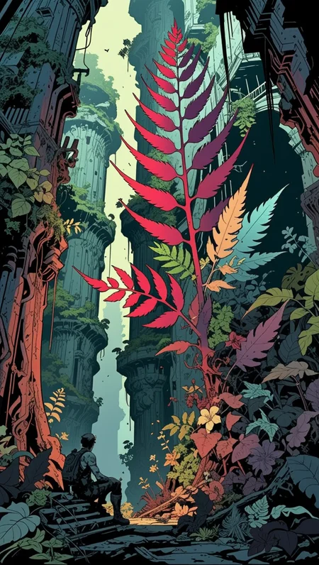 (epic:1.2), trending on artstation, (high quality:1.2), (masterpiece:1.2), high details, incredibly absurdres, colorful), (Manga Style:1.31), (Mike Mignola Art:1.33), (Vector Style, Sharp Edges:1.16), Gothic Art:1.29), (Synthwave Style:1.29), (Abstract Exprssionism:1.31), (top_down:0.66) (d_far:1.16) ,, (Plant/Flower:  Colossal Muted Mat-like Compact plant,  Toothed Feather-like leaf, Irregular Venation, Alternate, Repand Leaf Margin,    Adventitious root )   , , , (location:(cliff:1.19) (oasis:1.14))