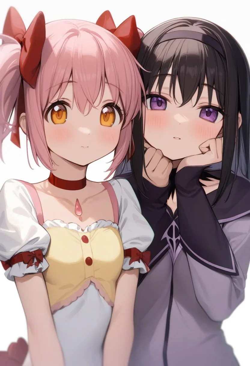 masterpiece,best quality,very aesthetic,absurdres,<lora:magica_2girl:1>,head_rest, highres, looking_at_viewer, simple_background, puffy_short_sleeves, ribbon_choker, black_hairband, collarbone, red_ribbon, long_sleeves, hair_ribbon, 2girls, hair_bow, kaname_madoka, magical_girl, akemi_homura