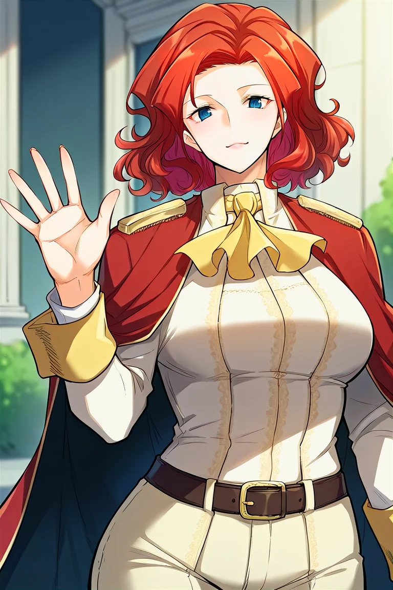 score_9, score_8_up, score_7_up, score_6_up, score_5_up, score_4_up, rating_questionable, , source_anime, digital illustration, pixiv, fanbox, uncensored, , BREAK, official art,
1girl, solo, mature female, alicia, red hair, blue eyes,
white shirt, yellow ascot, red cape, epaulettes, pants, belt, upper body, waving, light smile, outdoors, blush, looking at viewer, cowboy shot, <lora:Alicia_Magentano_Pony-10:0.8>