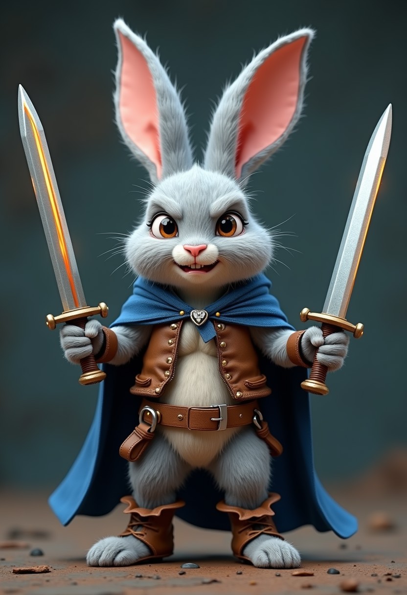 A 3D render of a heroic determined fearsome miniature male gray rabbit with a billowing blue mantle, holding two glowing silver short swords, Warhammer background. Dynamic slashing pose. Abs shown through torn and worn brown leather vest. worn brown leather shoes with rabbit toes coming out. exhausted expression and demeanor.  Pixar style features.