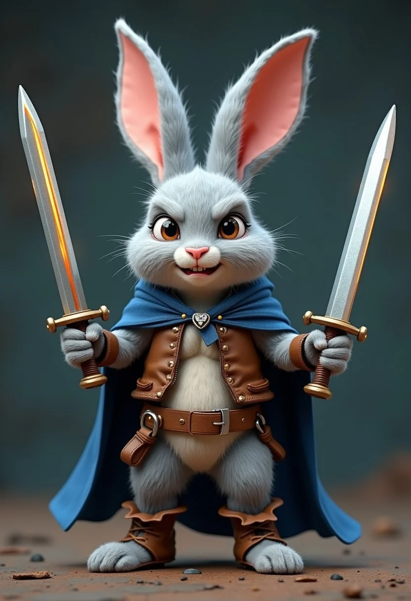 A 3D render of a heroic determined fearsome miniature male gray rabbit with a billowing blue mantle, holding two glowing silver short swords, Warhammer background. Dynamic slashing pose. Abs shown through torn and worn brown leather vest. worn brown leather shoes with rabbit toes coming out. exhausted expression and demeanor.  Pixar style features.