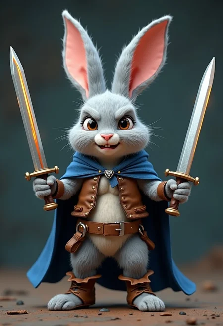 A 3D render of a heroic determined fearsome miniature male gray rabbit with a billowing blue mantle, holding two glowing silver short swords, Warhammer background. Dynamic slashing pose. Abs shown through torn and worn brown leather vest. worn brown leather shoes with rabbit toes coming out. exhausted expression and demeanor. Pixar style features.