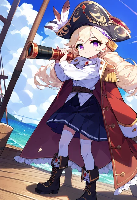 score_9,score_8_up,score_7_up,source_anime,zPDXL3,ship deck, sailing ship, wooden deck, ocean, sky, clouds
*//*,<lora:Captain_Pony:1>,captain_new,1girl,solo,long hair,twintails,twin drills,blonde hair,bangs,purple eyes,white shirt,pirate hat,hat feather,black skirt,boots,white thighhighs,coat,epaulettes,long sleeves,light smile,telescope,
*//*,looking at viewer,cowboy shot,dutch angle,dynamic pose,