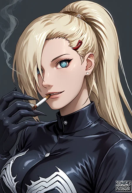 score_9, score_8_up, score_7_up, score_6_up, source_anime,rating_explecit,anime coloring, 1girl , details, <lora:Expressive_H:1> <lora:She Venom LoCon:1> she venom, black detailed bodysuit, full black suit, black suit, big symbols spider , perfect symbols spider, big logo spider white on suit<lora:Symbiote:0.6>,large breast,solo, 1girl, yamanaka ino, hair over one eye, ponytail, hairclip, blonde , long hair, very long hair,silky hair,blue eyes, room solo, walking, crazy smile, black slime almost cover half face,hand , smoking pose,