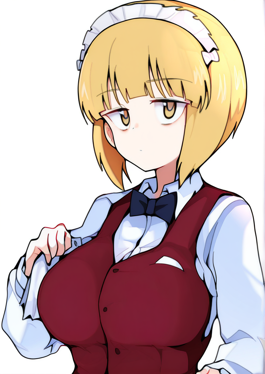 <lora:Pearl.G.E:1.4>,1girl, cutlass \(girls und panzer\), huge breasts, bartender, blonde hair, blunt bangs, bob cut, bow, bowtie, bright pupils, brown vest, closed mouth, dress shirt, handkerchief, light frown, long sleeves, looking at viewer, shirt, short hair, solo, upper body, vest, white pupils, white shirt, wing collar, yellow eyes,  very awa, masterpiece, best quality, newest, highres, absurdes,amazing quality