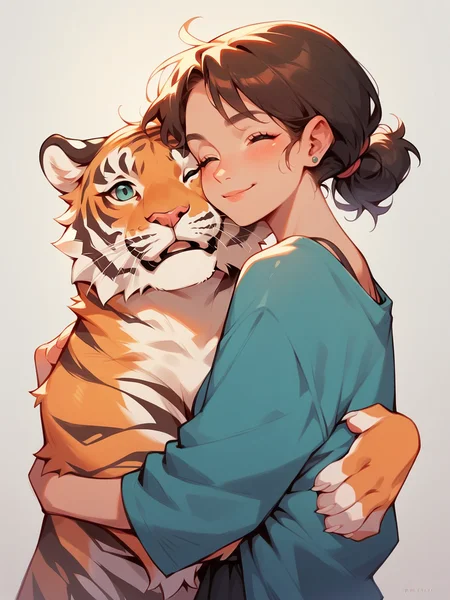 score_9, score_8_up, score_7_up, score_6_up, <lora:p3tl0v3XLP:1> p3tl0v3, 1girl, hugging tiger