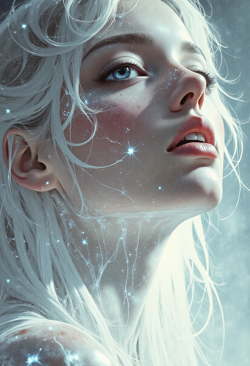 A tight, head-and-shoulders portrait of a woman with luminous, nearly translucent pale skin resembling smooth frosted glass. Her skin gently glows, illuminated softly from within. Beneath her skin, clearly visible, is a network of delicate bioluminescent veins emitting a soft, pale blue-white glow, tracing downward from her temples along her neck and throat.
Her wide-open eyes are distinctly muted, icy-blue in color, clearly defined yet softly luminous. Her facial features—eyebrows, cheekbones, temples, and jawline—are subtly defined by gentle shadows and delicate highlights, creating an ethereal, porcelain-like appearance. Her platinum-white hair, smooth and fine, falls softly around her face, adding delicate strands of clearly defined texture.
Her lips, nearly matching the pale tone of her luminous skin, are gently parted, subtly highlighted and defined by soft shadows. The background is a smooth, seamless gradient of cold silver, pale gray, and misty white, with no defined edges or recognizable shapes. The scene's lighting is soft, even, and diffused, enhancing the delicate glow of her skin and internal luminescence, maintaining a gentle, ethereal aesthetic without harsh shadows or strong contrasts.