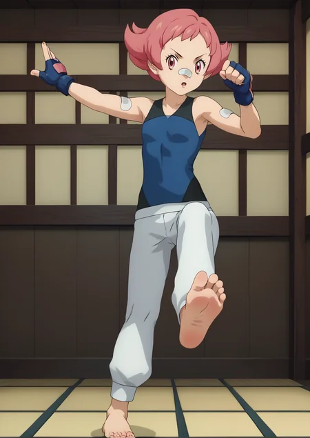 score_9,score_8_up,score_7_up,score_6_up,source anime BREAK, solo, anime screencap,
looking at viewer, indoors, fighting stance, dojo, foot focus, soles, standing, one leg up,
1girl, maylene (pokemon), pink eyes, pink hair, small breasts, short hair, eyelashes, pointy hair,
white pants, blue gloves, bandaid on nose, bandaid, bandaid on arm, bodysuit, fingerless gloves, barefoot, spandex, sleeveless,
<lora:maylene_v1_0:1> <lora:Anime Screencap_epoch_10:1>