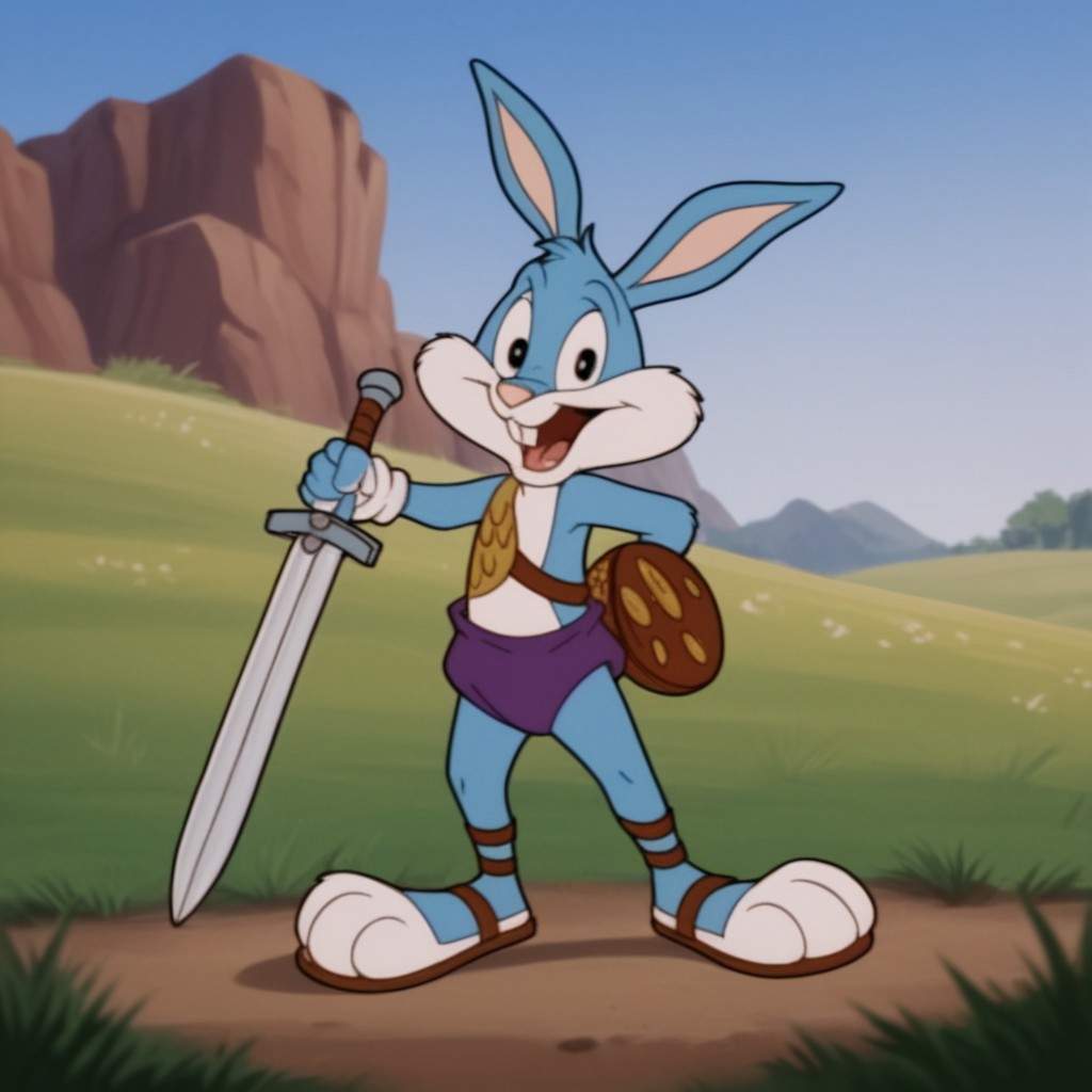 score_9, score_8_up, score_7_up, score_6_up, score_5_up, score_4_up, source_furry, bustertta, anthro, male, bunny, blue fur, buck teeth, outside in a field, holding, sword, gladiator outfit, sandals