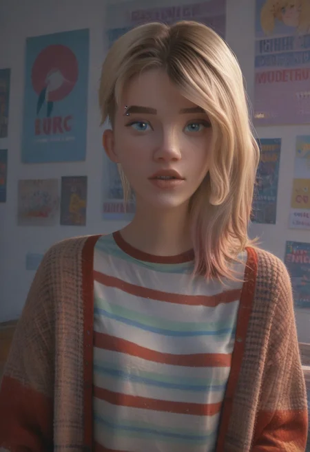 score_9, score_8_up, score_7_up, cartoon of gwnstc, 1girl, blue eyes, blonde hair, undercut bob, eyebrow piercing, open cardigan sweater, striped t-shirt, close-up, masterpiece, lips parted, slim figure, petite, posters, messy bedroom, glitching, indoors, front lighting, unique angle, unique framing, looking at viewer, parted lips,