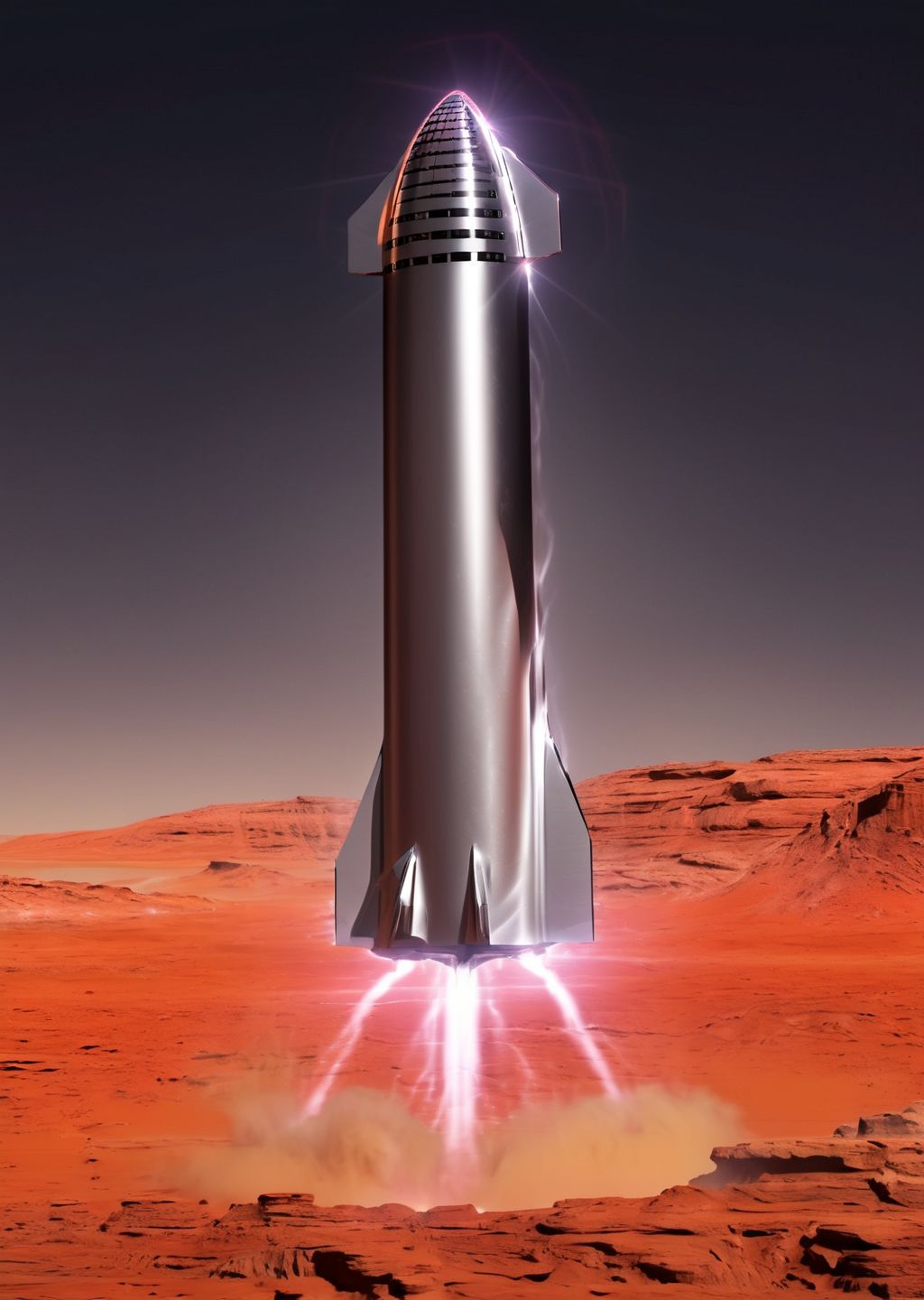 narrow shot of A shiny silver Starship venting white steam on the surface of Mars with landing legs, background Mars colony domes, high tech, orange Martian night time landscape, (photorealistic:1.3), dusty, mountain range, science fiction, hyperrealism, brown sky, (pointy shiny silver rockets):0.8, red and white mushrooms dotting the terrain, Extremely high-resolution details, photographic, crisp, fine texture, incredibly lifelike <lora:snowmountxl_v1:1>  <lora:Starship:1>