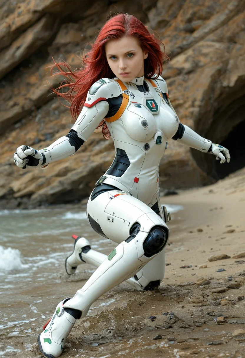 PonyScores7, masterpiece, high quality <lora:age_slider_v4:4>, detailed eyes,detailed_background,outdoors,science fiction,gloves,mecha pilot suit,breasts,red hair,1girl,christina mackenzie,green eyes,pgmajimaji,looking at viewer,highres,gundam 0080,long hair,earth federation,pilot suit,gundam,solo, (action shot:2)
