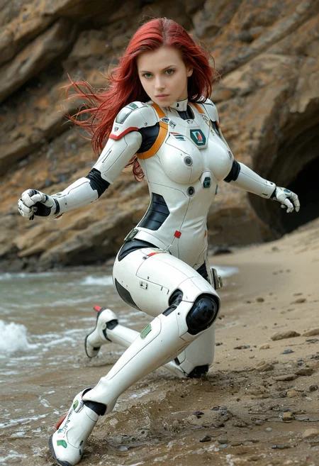 PonyScores7, masterpiece, high quality <lora:age_slider_v4:4>, detailed eyes,detailed_background,outdoors,science fiction,gloves,mecha pilot suit,breasts,red hair,1girl,christina mackenzie,green eyes,pgmajimaji,looking at viewer,highres,gundam 0080,long hair,earth federation,pilot suit,gundam,solo, (action shot:2)