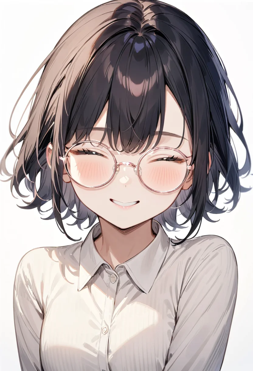 masterpiece, best quality, very aesthetic, absurdres,
1girl, solo, black hair, medium hair, smile, looking at viewer, closed eyes, upper body, collared shirt,
round_glasses22A, pink-framed eyewear,
white background, simple background,
<lora:round_glasses_metal-frame_SDXL_V1:1>