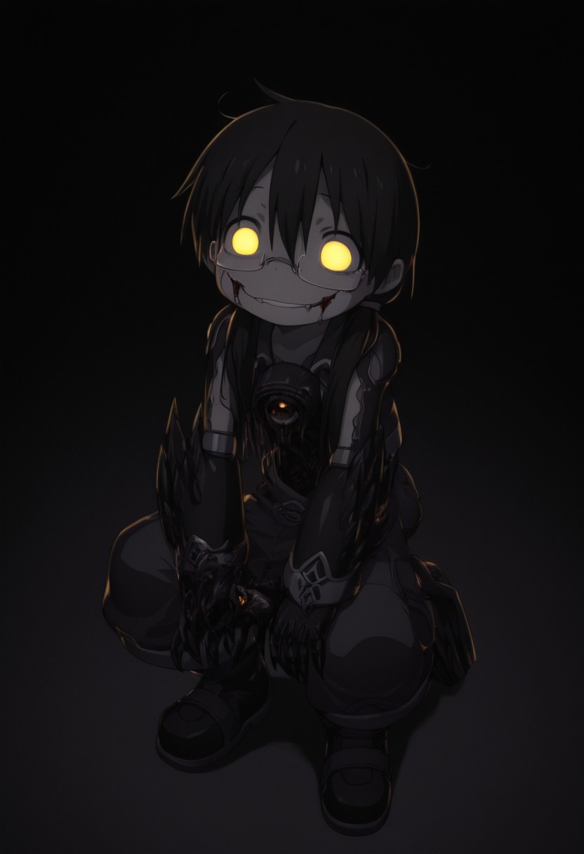 masterpiece, best quality, amazing quality, riko \(made in abyss\), black hair, blank eyes, glowing eyes, semi-rimless eyewear, long hair, low twintails, xdive, android,, full body, detailed background, black background, antiKH, spot color, neon palette, heartless, mouth closed, glasgow smile, no teeth, (horror:1.4), peering at the user, dark, solo, sharp claws,