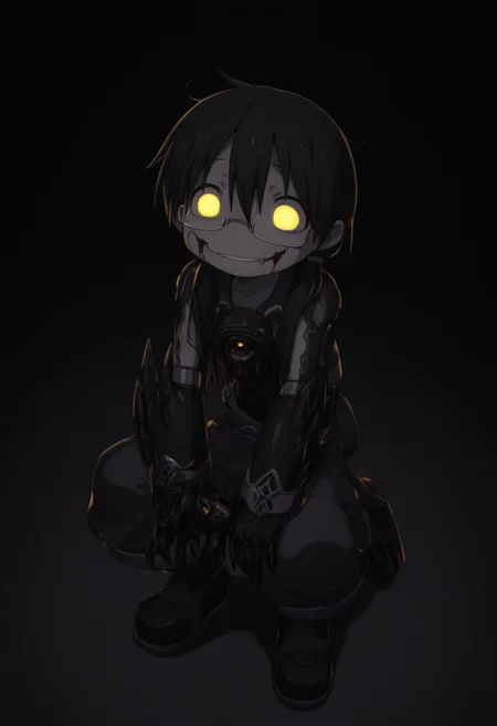 masterpiece, best quality, amazing quality, riko \(made in abyss\), black hair, blank eyes, glowing eyes, semi-rimless eyewear, long hair, low twintails, xdive, android,, full body, detailed background, black background, antiKH, spot color, neon palette, heartless, mouth closed, glasgow smile, no teeth, (horror:1.4), peering at the user, dark, solo, sharp claws,