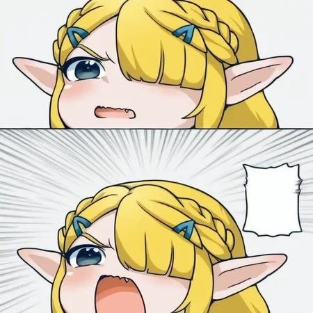 1GIRL princess zelda 2KOMA HAIR OVER ONE EYE FANG COMIC OPEN MOUTH EMPHASIS LINES