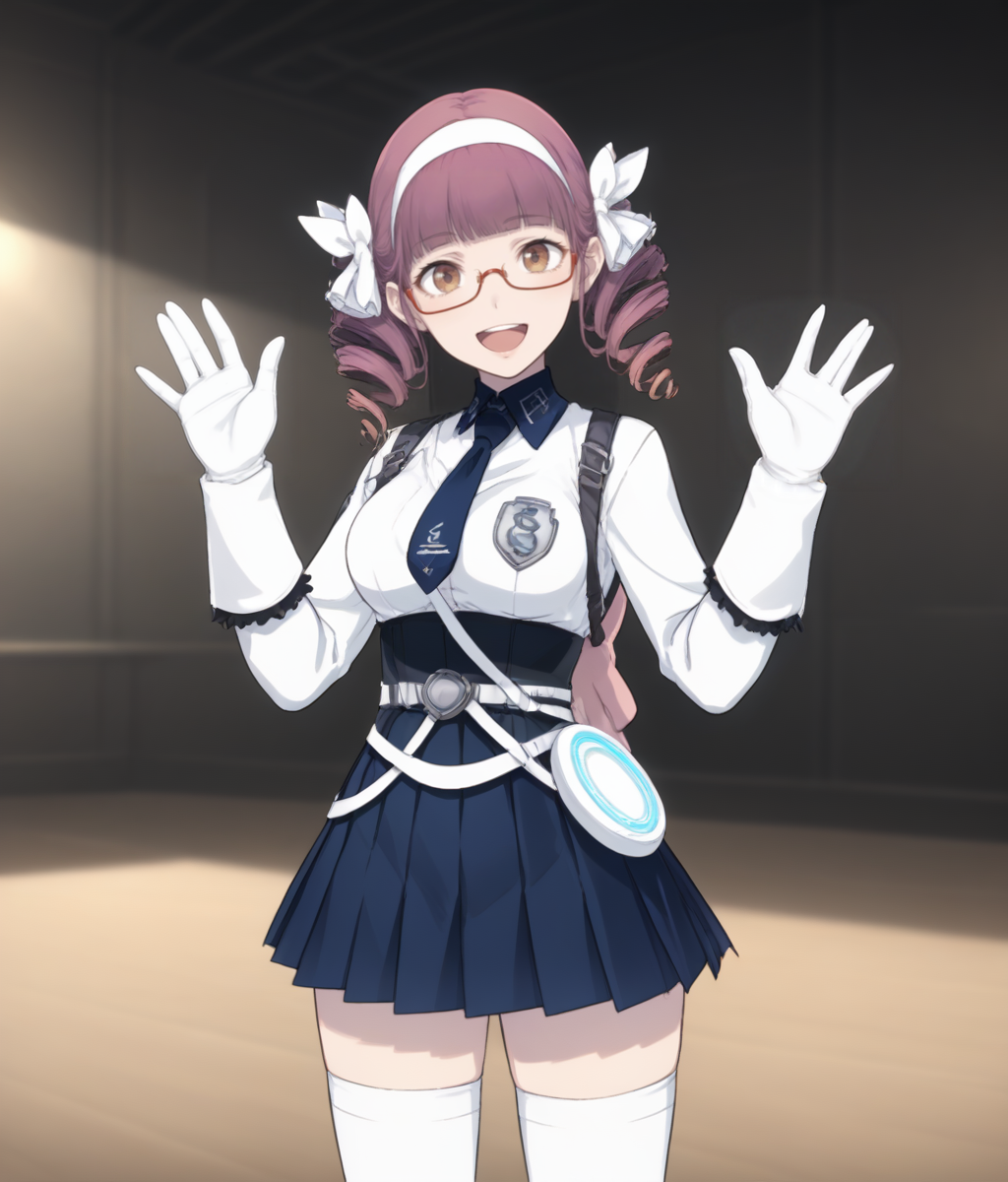 score_9, score_8, score_7, cowboy shot, solo, 1girl, <lora:Mana_Kawai_PXL:1> mana_kawai, twin drills, half-rim glasses, brown eyes, white shirt, necktie, belt, white gloves, pleated skirt, white thighhighs, waving, happy BREAK indoors, sci-fi, white ceilings, white floor, artificial lighting