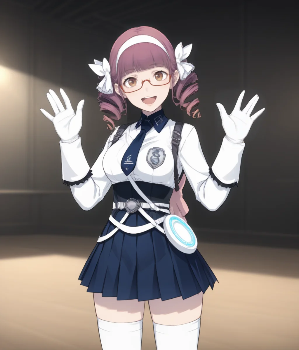 score_9, score_8, score_7, cowboy shot, solo, 1girl, <lora:Mana_Kawai_PXL:1> mana_kawai, twin drills, half-rim glasses, brown eyes, white shirt, necktie, belt, white gloves, pleated skirt, white thighhighs, waving, happy BREAK indoors, sci-fi, white ceilings, white floor, artificial lighting
