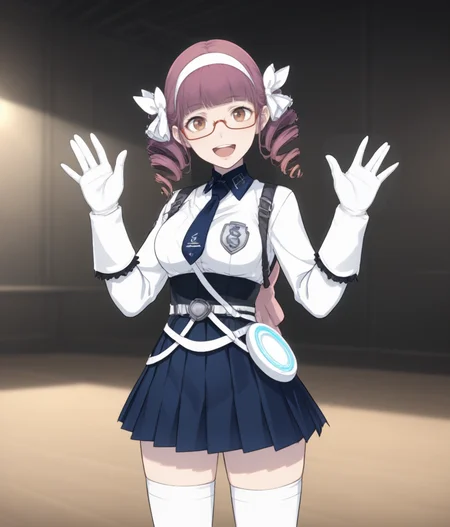 score_9, score_8, score_7, cowboy shot, solo, 1girl, <lora:Mana_Kawai_PXL:1> mana_kawai, twin drills, half-rim glasses, brown eyes, white shirt, necktie, belt, white gloves, pleated skirt, white thighhighs, waving, happy BREAK indoors, sci-fi, white ceilings, white floor, artificial lighting