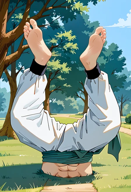 (score_9:0.9),score_8_up,score_7_up,rating_safe,unaestheticXL_3x3,anime style,(zPDXL), <lora:checkpoint-e62_s930:1>, 1boy, gotenks, green sash, white pants, baggy pants, green gaiter, barefoot, feet up, ground, day, <lora:ichizoku_pose_pony:1>, ke_no_ichizoku_pose, parody, outdoors, upside-down, leg up, legs, lower body,