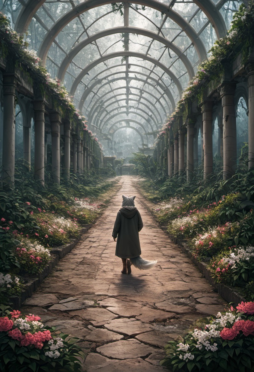 score_9, score_8_up, score_7_up,  fullbody, 1girl, furry, anthro, gray fur, wolf tail, wolf, solo, fullbody, backview, looking arround in wonder, masterpiece, best quality, very aesthetic, close up, gray hair, gray twin braids, green eyes, standing in the ruins of botanic garden with glass ceiling, overgrown, trees, flowers, plants,  broken glas, snow patches ray of light, dark sky, low light, white snow, (postapocalyptic city), d, dark, worried, concerne, ragged winter clothes
