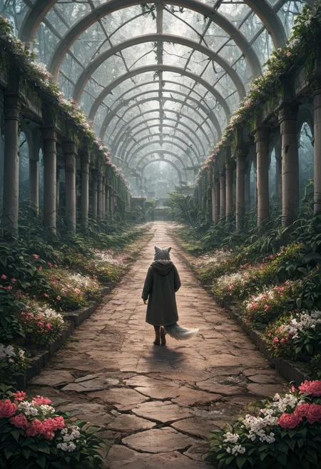 score_9, score_8_up, score_7_up,  fullbody, 1girl, furry, anthro, gray fur, wolf tail, wolf, solo, fullbody, backview, looking arround in wonder, masterpiece, best quality, very aesthetic, close up, gray hair, gray twin braids, green eyes, standing in the ruins of botanic garden with glass ceiling, overgrown, trees, flowers, plants,  broken glas, snow patches ray of light, dark sky, low light, white snow, (postapocalyptic city), d, dark, worried, concerne, ragged winter clothes