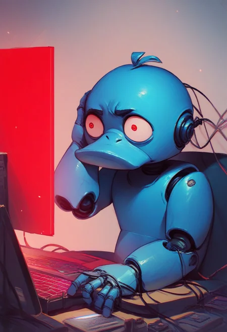 score_9, score_8_up, score_7_up, score_6_up, blue robot psyduck in a control room, holding own head, red tired eyes, red screen, errors, fire, sitting on a computer, wires in hands, looking at scren, wide eyed