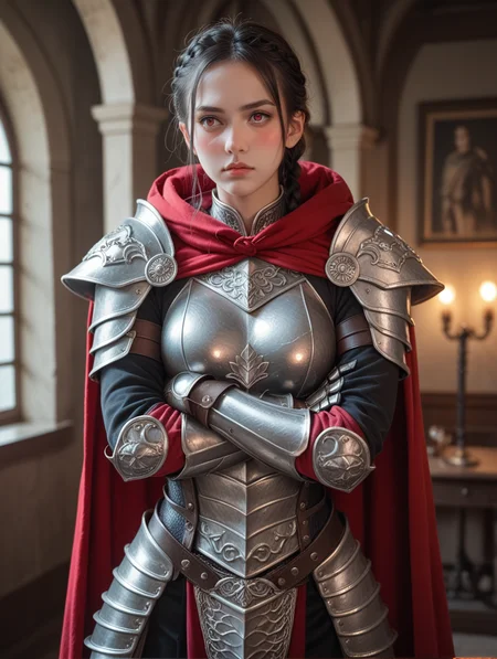 score_9, score_8_up, score_7_up,
1girl, solo, black armor, shoulder pads, gauntlets, greaves, scales, cloak, hood, indoors, pale skin, grey skin, colored skin, black hair tied into a neck length braid, crimson eyes, blushing, crossed arms, looking to the side, cowboy shot,