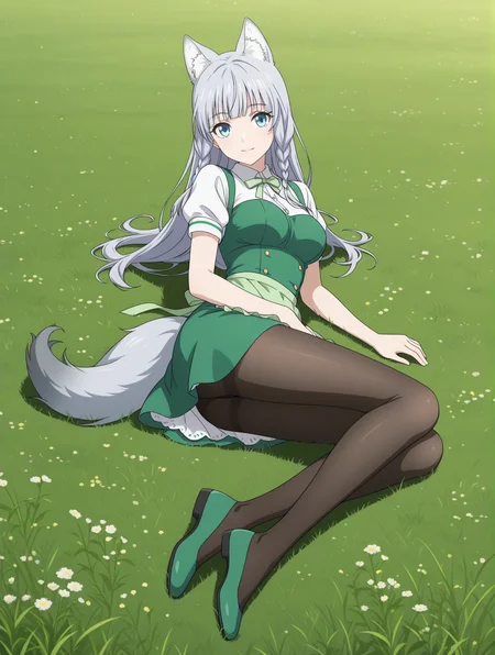(waitress green dress apron pantyhose green flats:1.50),
km-shigure, blue eyes, grey hair, bangs, long hair, wolf ears, wolf tail,
medium breasts, 1girl,
(masterpiece, highres, ultra-detailed,very aesthetic, best quality, absurdres, high quality, highres),
light smile,
,
(:1.10),
BREAK,
field,
,
(solo:0.80), (skinny:0.8),
(),
<lora:km-shigure-V04-illXL:0.60>