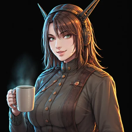 highres, masterpiece, uaf_red_blue_ilumination, moonlight, dramatic lighting, score_9, score_8_up, score_7_up, score_6_up, score_5_up, score_4_up, source_anime, masterpiece, perfect face, perfect eyes, 4ng3l face, 1girl, sexy girl, smile, full lips, lip gloss, eis_portrait, eis_character, 1girl, solo, green eyes, cup, brown hair, headgear, mug, breasts, holding cup, military uniform, holding, uniform, looking at viewer, coffee mug