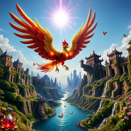 score_9, score_8_up, score_7_up, (Phenomenal Phoenix from pink and red crystals flying in the sky in its splendor, intense pink and red glowing aura on the phoenix's body, powerful energy reside inside the core of phoenix's body and the phoenix's eyes radiating blazing heat:1.37), strong focus on subject, Futuristic space suit with integrated HUD and environmental sensors, strong bokeh, masterpiece, flawless complexion, top quality, best quality, ultra-realistic, ultra-detailed, 8k, highest resolution, surreal, incredibly lifelike, real life photo reality, lots of colorful kinds of beautiful flowers, bunches of tiny little animals, tiny birds and butterflies flying around, fish jumping in the air, wisdom tree, sunlight, perfect shadow, perfect panorama photo, lakes, meadows, best artistic scenery, colorful, rich colors, perfection artistic, uncanny realism, realism pushed to extreme, outstanding clear photo quality, immaculate-micro-details phoenix, intricate details, awards winning legendary almighty beast photography, 360 View, 360, micro details photography, shot on Canon EOS 5D, glamour photography, radiant god rays, Ilford HP5 Plus, Photographers by Tim Walker, technicolor, digital art, depth of field, Ancient temple,, spectacular, fabulous, top quality photo, intricate details, imagine awards winning photography, (distant view:1.6)