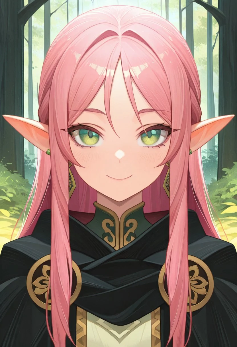 masterpiece, best quality, amazing quality,,<lora:afkArenaIllustrious:1>
afkarenastyle,
1girl, female elf, solo, portrait, female focus, pink hair, green eyes, slim, long hair, light skin, smile, looking at viewer, outdoors, beautiful, black cloak with gold trimming, earrings, green trees