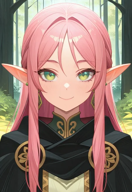 masterpiece, best quality, amazing quality,,<lora:afkArenaIllustrious:1>
afkarenastyle,
1girl, female elf, solo, portrait, female focus, pink hair, green eyes, slim, long hair, light skin, smile, looking at viewer, outdoors, beautiful, black cloak with gold trimming, earrings, green trees