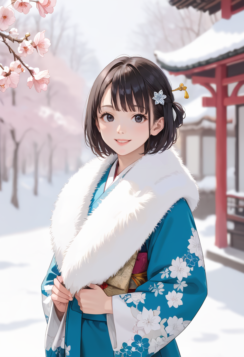 score_9, score_8_up, score_7_up,source_anime, masterpiece, best quality, perfect anatomy, very aesthetic, ((outlined outlined vector graphics)), cute face, (glow eyes:0.8), ,  looking at viewer  ,beautiful scenery,1girl,25yo, (focus female),  
20yo, black hair, black eyes, short bob hair, hair pin,mdeium  breast, slender,
, white fur ,  blue kimono, furisode, furisode-with-fur , smile ,  open eyes , clothed,winter   , flowers , floral pattern <lora:furisode-with-fur-pony-01:1>