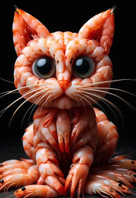 5HR1MP5, a cute cat is made of shrimps, detailed face, (big eyes:0.9), detailed eyes, (long eye lashes, ,Masterpiece,best quality, raw photo, realistic, very aesthetic