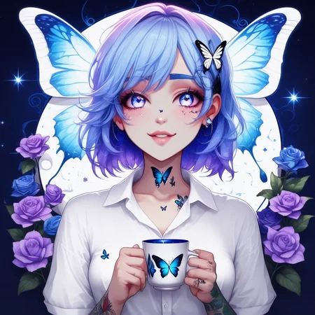 white flower, white shirt, multicolored hair, cup, tattoo, blue flower, virtual youtuber, butterfly, star (symbol)